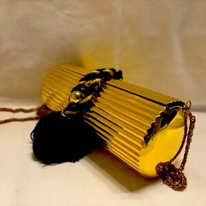 Shiny Yellow Gold Tone Metal Minaudière, ribbed. 1980’s.